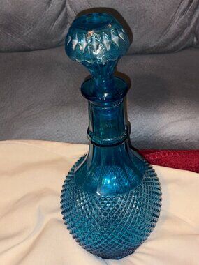 VTG 1960's Empoli Blue Diamond Point Cut Glass Decanter-Faceted Stopper-13"H-EUC